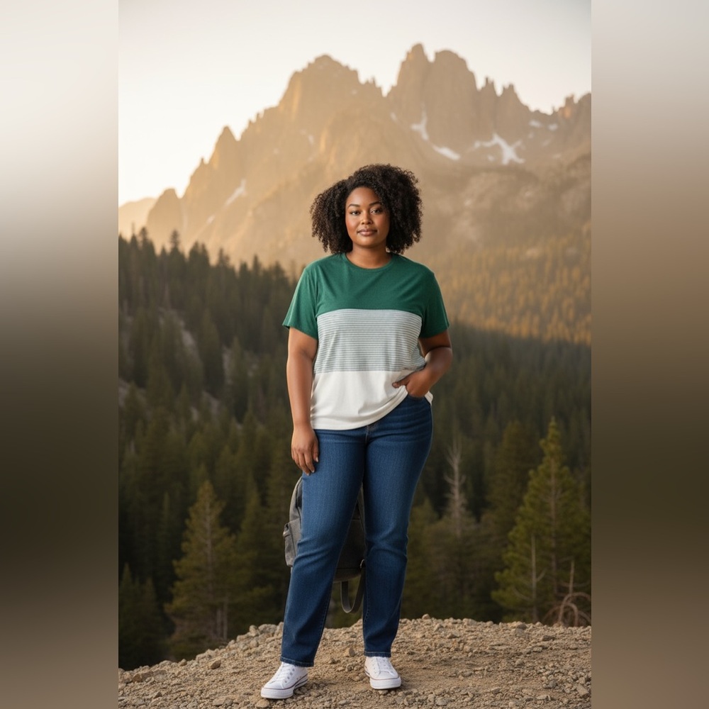 Fashion Women's Green‎ and Gray Stripe Crew Neck T-Shirt.